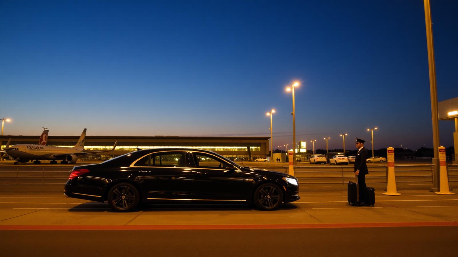 Black luxury sedan at airport terminal at dusk with chauffeur greeting traveler — NJ airport car service