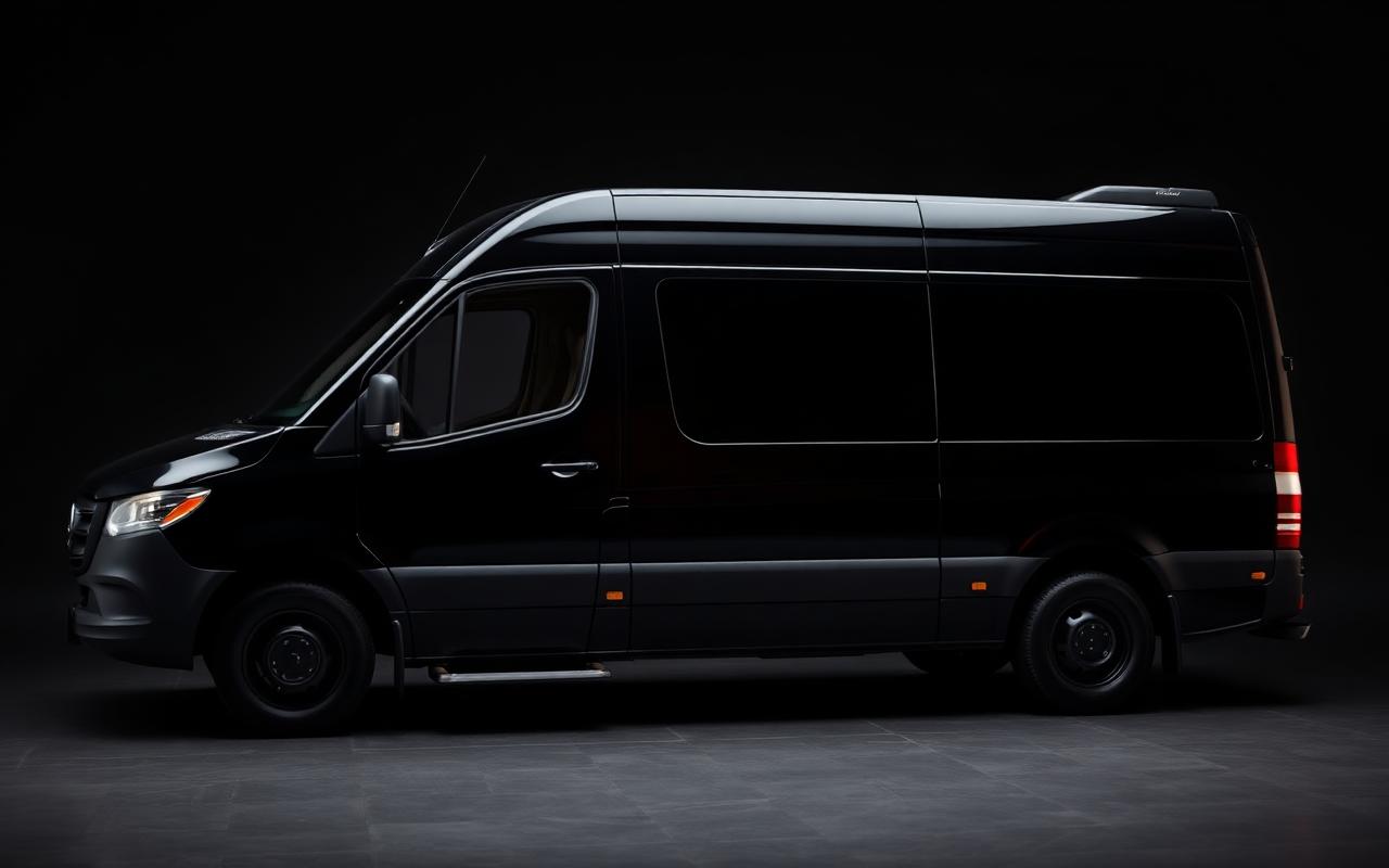 Black Mercedes Sprinter passenger van side profile — Princeton Car Service fleet
